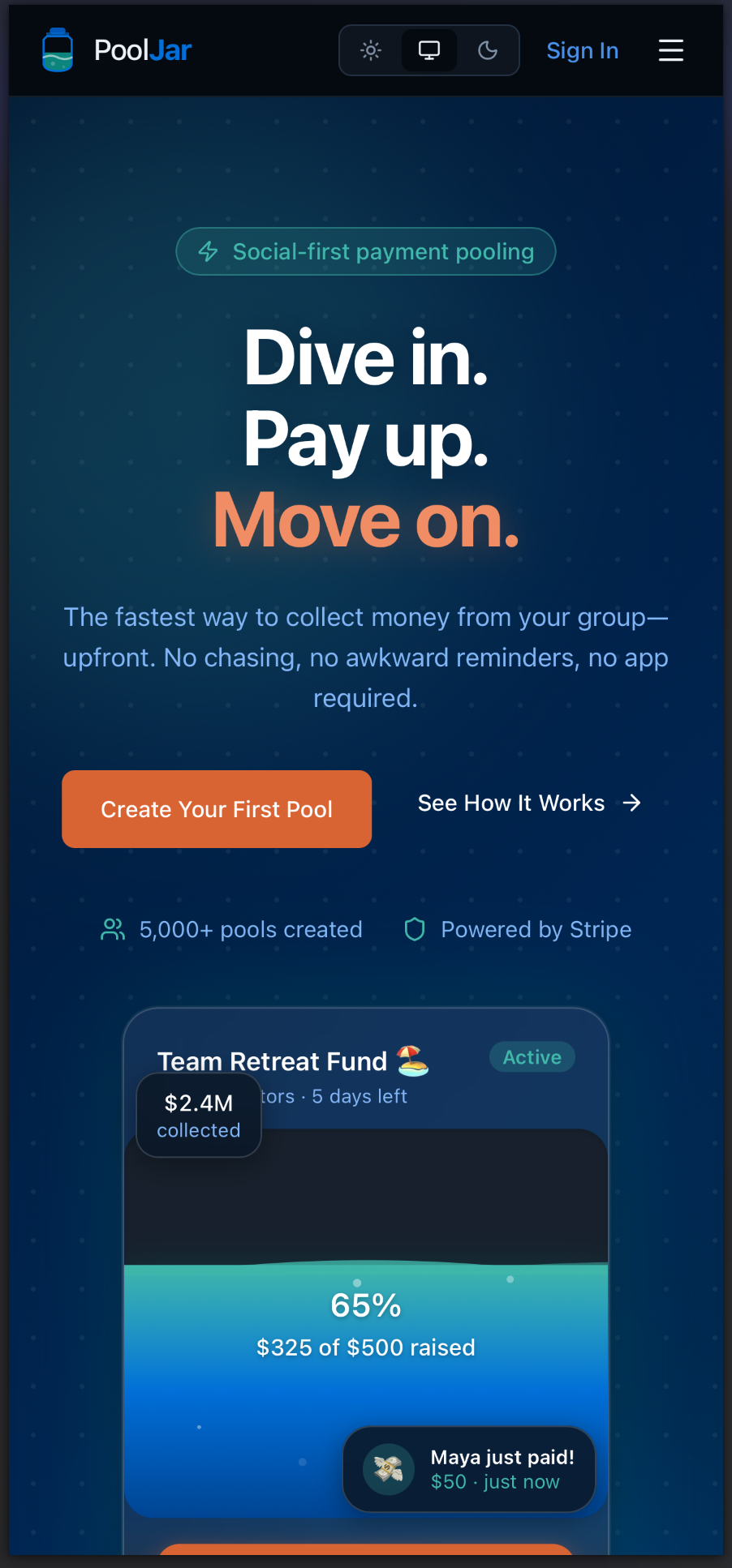 The PoolJar app, showing a group payment pool with amount collected and contributor activity